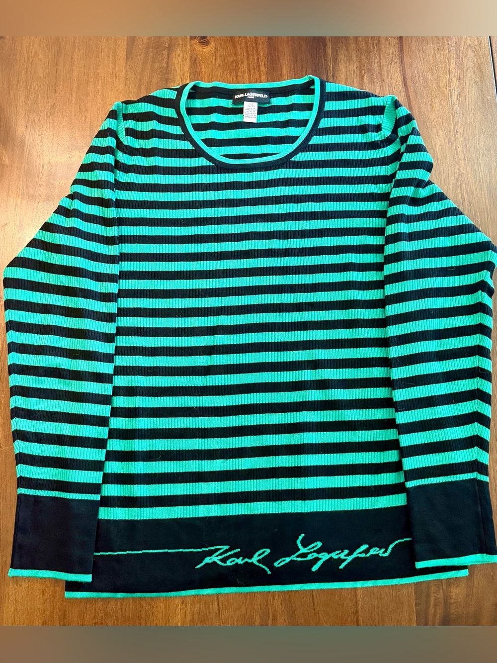 Karl Lagerfeld Black and Green Striped Long Sleeve Top